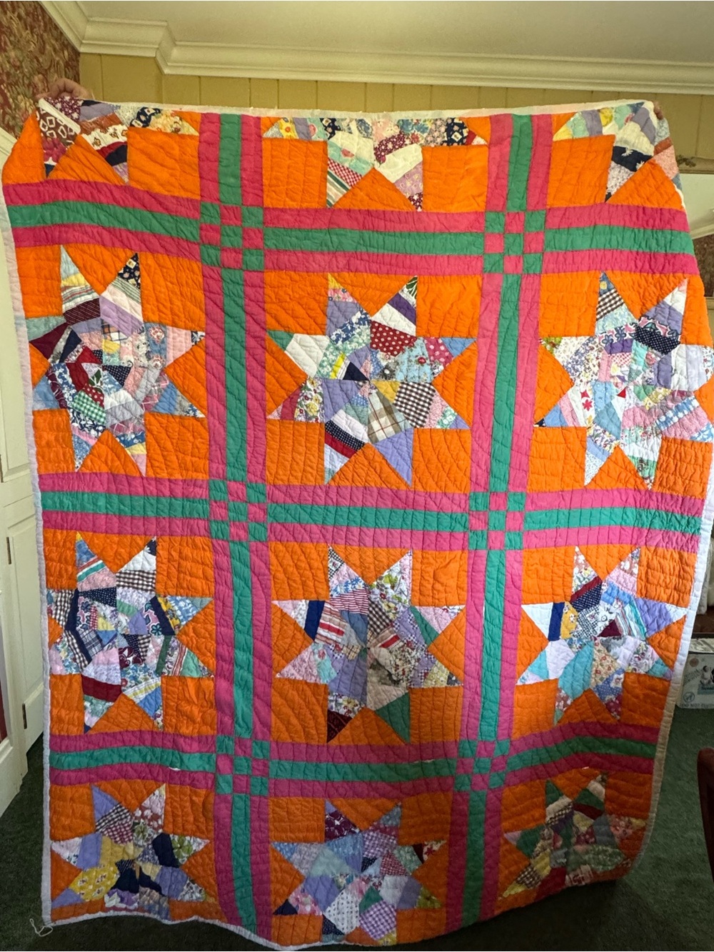 Bright Orange & Pink Patchwork Star Quilt - Classic Handmade Bedding